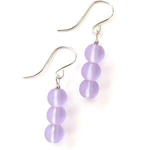 Purple Sea Glass Dangle Earrings Sterling Silver Hypoallergenic Wires Women